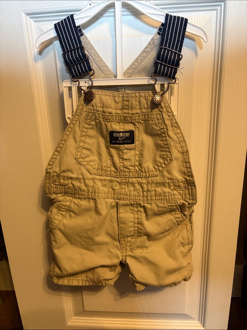 OshKosh B'gosh Tan Short Overalls with Navy Striped Straps